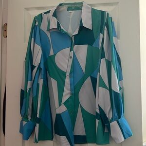 Button down, puff shoulder, long sleeve shirt